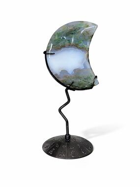 Moss Agate Crescent Moon on Stand